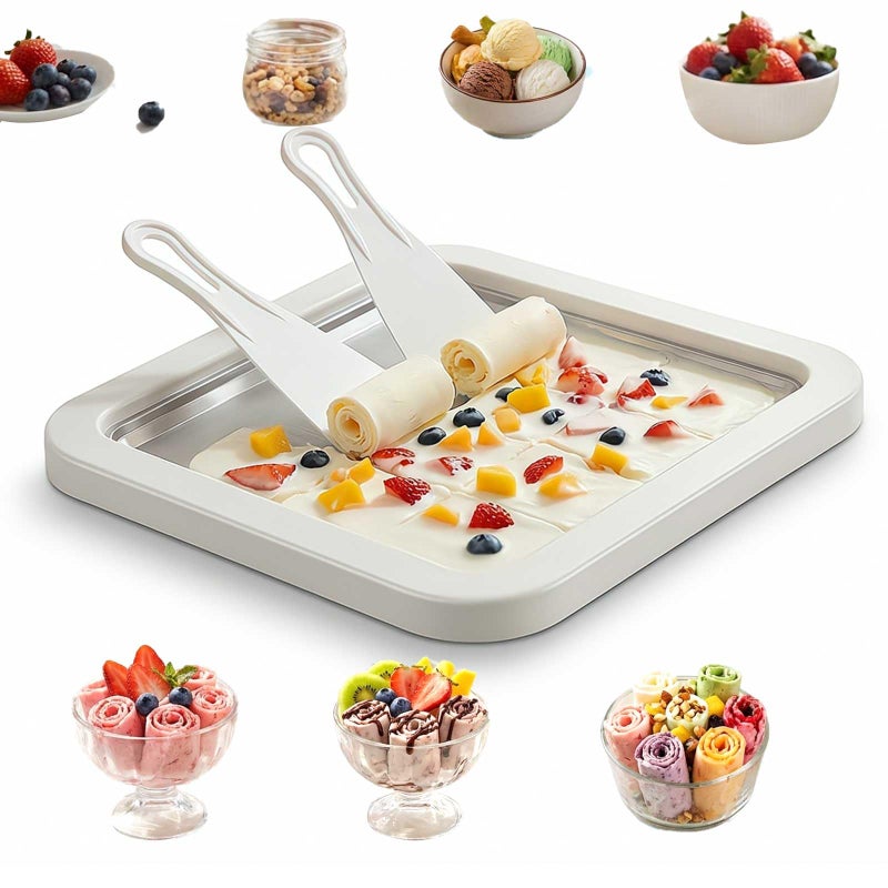 EXFOIL Rolled Ice Cream Maker Kit DIY Ice Cream Roll Tray with 2 Scrapers No Electricity Required Stainless Steel Freezing Plate for Rolled Ice Cream Frozen Yogurt Sorbet White - Image 2