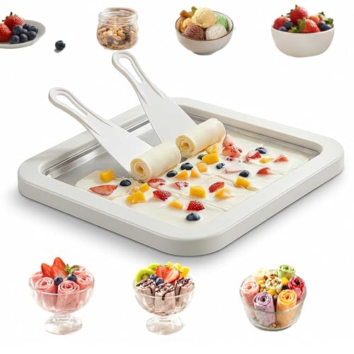 EXFOIL Rolled Ice Cream Maker Kit DIY Ice Cream Roll Tray with 2 Scrapers No Electricity Required Stainless Steel Freezing Plate for Rolled Ice Cream Frozen Yogurt Sorbet White - Image 1
