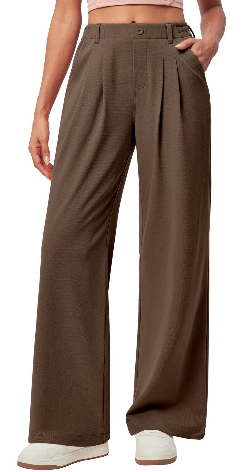 IUGA Wide Leg Pants Woman Pull on Stretchy Work Dress Pants High Waisted Business Casual Trousers Slacks Standard, Large, Coffee - Image 1