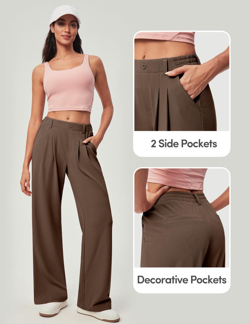 IUGA Wide Leg Pants Woman Pull on Stretchy Work Dress Pants High Waisted Business Casual Trousers Slacks Standard, Large, Coffee - Image 5