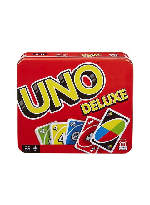 Original UNO Deluxe Classic Card Game - 112-Card Deck with Action Cards, Scoring Pad & Tin, for 2-10 Players, Ages 7+