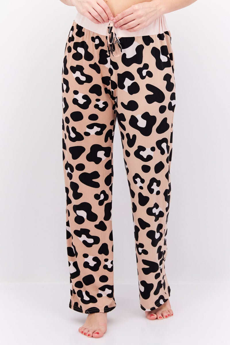 French Affair Women Animal Print Drawstring Pyjama, Beige - Image 1