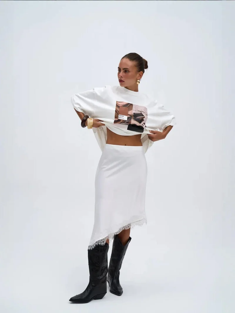 Mai Collection MAI STUDIOS Lina Lace Detailed Satin Skirt