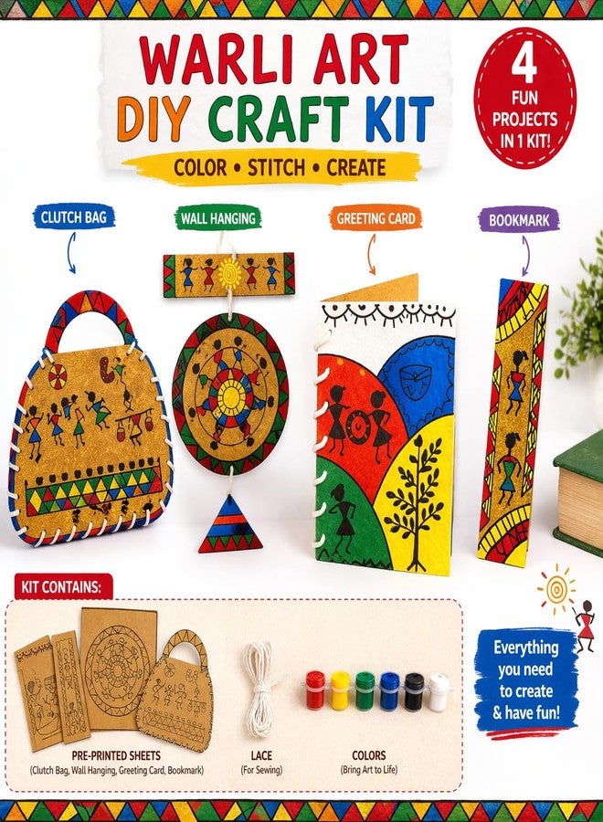 TOY FUN Toyfun Warli Art DIY Craft Kit for Kids | Color & Stitch Activity Set | Make Clutch Bag, Wall Hanging, Greeting Card & Bookmark | Art & Craft Kit for Age 5+ | Creative Gift Set - Image 2