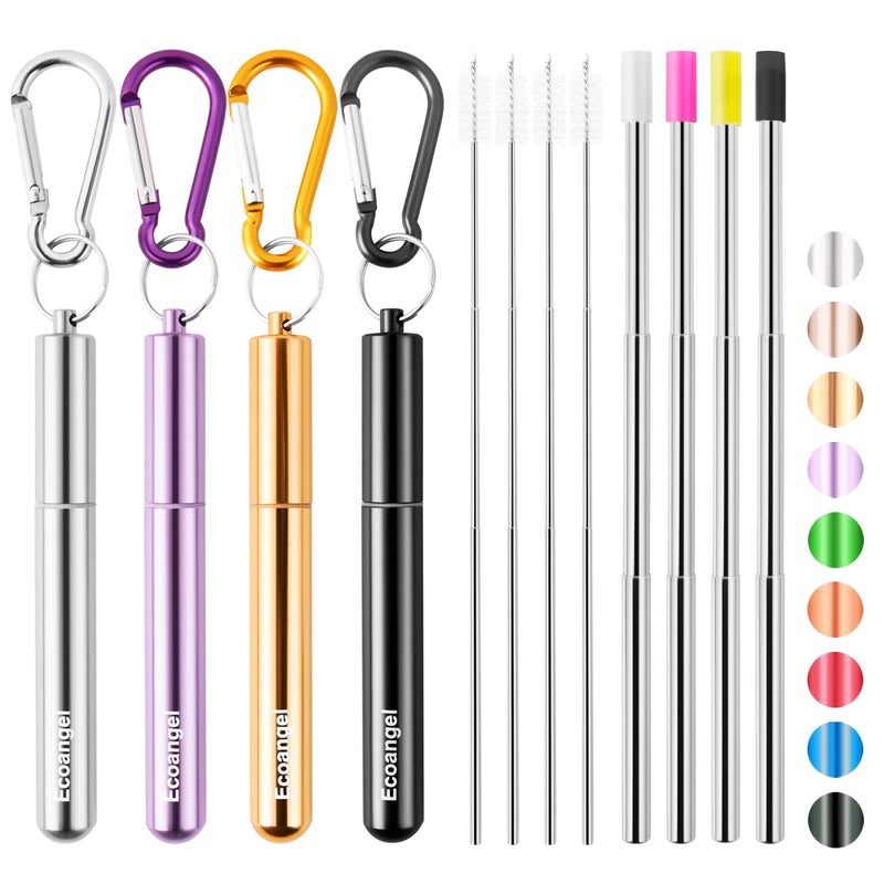 Ecoangel Ecoangel Cruise Ship Essentials4Pack reusable Collapsible Stainless Steel Drinking Straws with Aluminum CaseCleaning Brushand Keychains Black  silver  purple  gold
