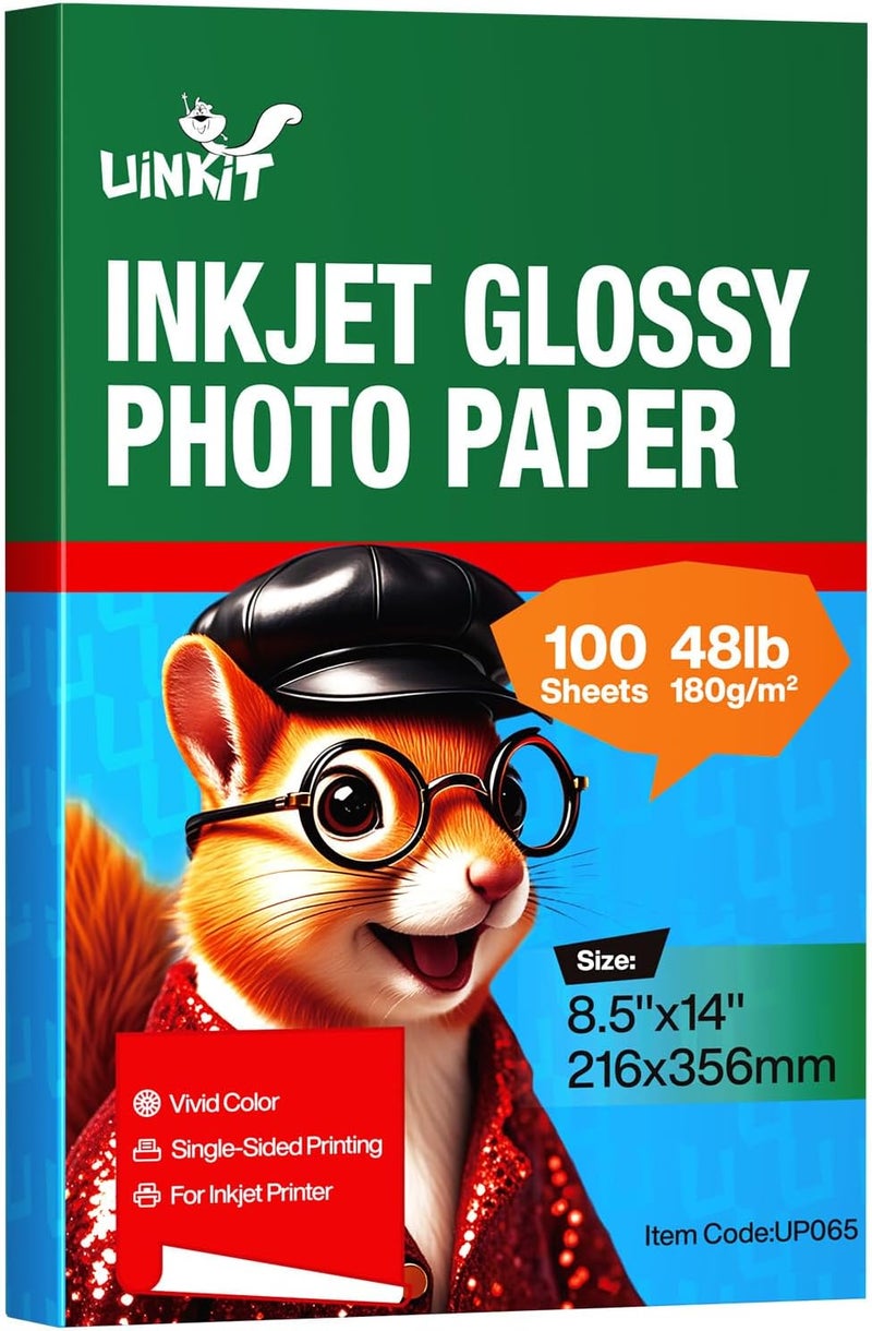 Uinkit Glossy Inkjet Photo Paper 8.5x14 Legal Size, 48lb 180gsm, 100 Sheets - Professional Photographic Quality, Compatible with Dye Ink Inkjet Printers, High-Gloss Finish for Vibrant Prints - Image 1