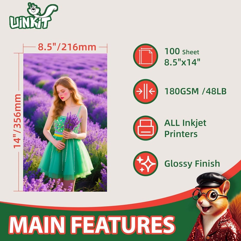 Uinkit Glossy Inkjet Photo Paper 8.5x14 Legal Size, 48lb 180gsm, 100 Sheets - Professional Photographic Quality, Compatible with Dye Ink Inkjet Printers, High-Gloss Finish for Vibrant Prints - Image 2