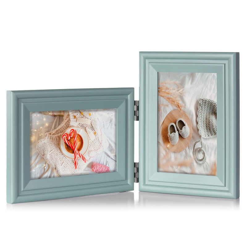 Tamolus 4x6 Double Hinged Picture Frame Folding Photo Frame Horizontal and Vertical in Teal Blue Pine Wood with Real Glass for Tabletop X2-LAN-HS46 - Image 1