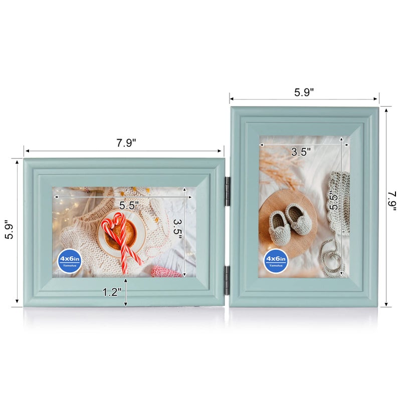Tamolus 4x6 Double Hinged Picture Frame Folding Photo Frame Horizontal and Vertical in Teal Blue Pine Wood with Real Glass for Tabletop X2-LAN-HS46 - Image 2