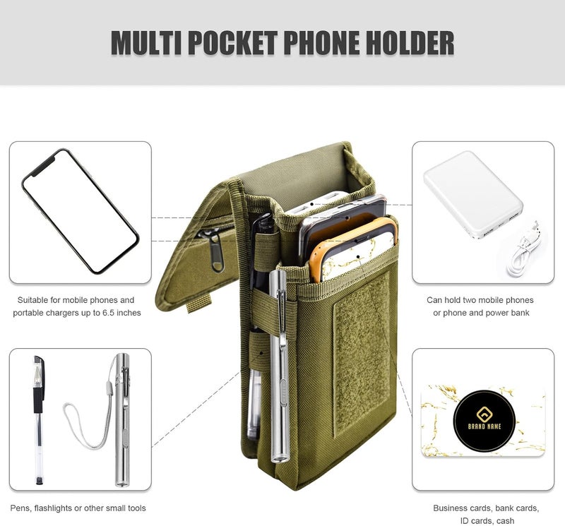 KATOLK Dual Phone Holster, Large Smartphone Belt Pouch, Multi-Purpose Tactical Holder for Work, Hiking, Camping, Barbecue, Rescue (Army Green) - Image 3