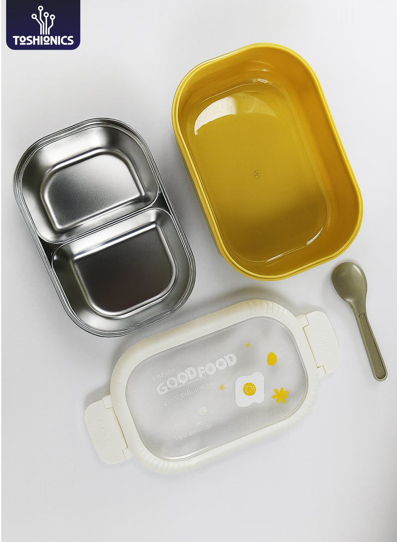 توشيونيكس صندوق غداء كلاسيكي من الفولاذ المقاوم للصدأ سعة 1.5 لتر - صندوق وجبات بينتو مع حجرتين وملعقة - آمن للاستخدام في الفريزر وغسالة الأطباق والميكروويف، مانع للتسرب ومحكم الإغلاق مع حجرة مزدوجة، خالٍ من مادة BPA، خفيف الوزن، حاوية طعام متينة للبالغين والأطفال - للمنزل والمكتب والمدرسة وحضانة الأطفال والسفر - 19 × 13 × 6 سم - Image 1