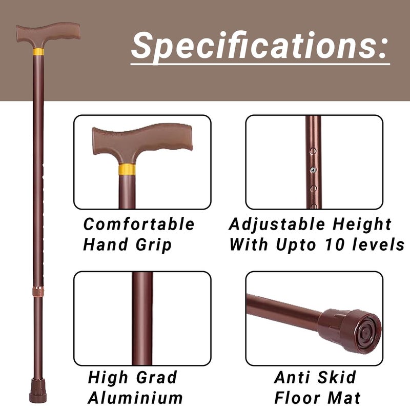 MCP Jindal Premium Height Adjustable Walking Stick Aluminium Cane Hand Stick Trekking Support Stick for Men, Women & Old People (Brown) - Image 2