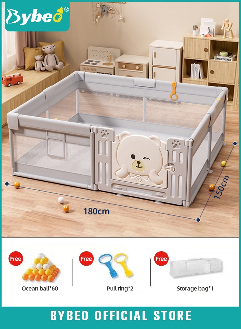 Baby Playpen Fence, Portable Babies Playards for Toddlers, Safe Infant Activity Center, Sturdy Play Area, with Soft Breathable Mesh and Safety Lock, Perfect Child's Gift (150x180cm)