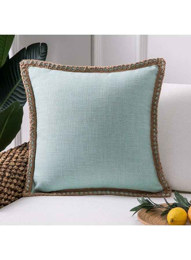 Phantoscope Farmhouse Solid Throw Decorative Pillow Cover Burlap Linen Trimmed Tailored Edges Outdoor Pillow Light Turquoise 18 x 18 inches 45 x 45 cm - Image 3
