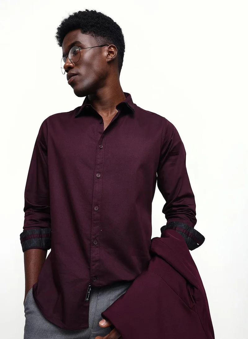 Men's Deep Wine Cotton Blend Casual Button Down Regular Fit Shirt
