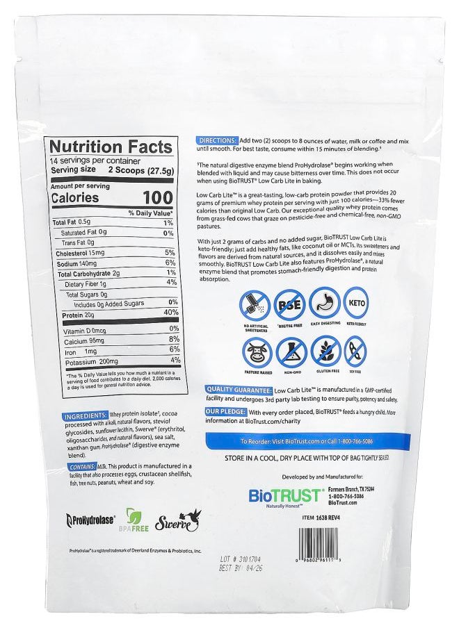 BioTrust Low Carb Lite™ Premium Grass-Fed Whey Protein Chocolate Ice Cream 13.5 oz (385 g)  - Image 2