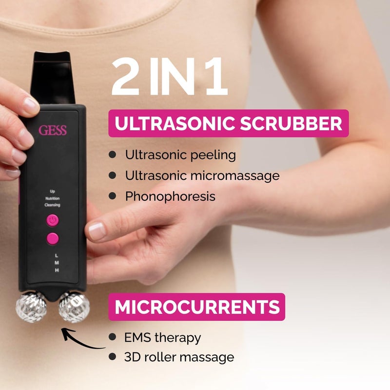 GESS Ultrasonic Exfoliator with EMS Massage Rollers, Phonophoresis, Ultrasonic Micro Massage & Myostimulation, 3 Modes - Pore Cleanser Face & Double Chin Remover for Effective Skin Care - Image 2