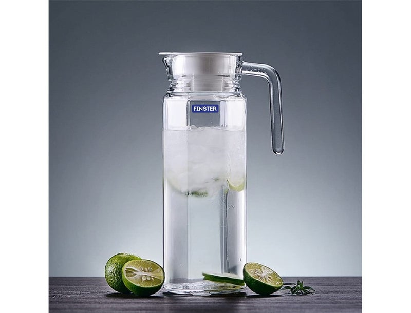 FINSTER Italian Premium Rocco Glass Octagonal Water Jug with Airtight Lid 1000ml Clear Juice Jug Pitcher Juice Iced Coffee Iced Tea Easy Pour Spout Handle 1 Liter - Image 1