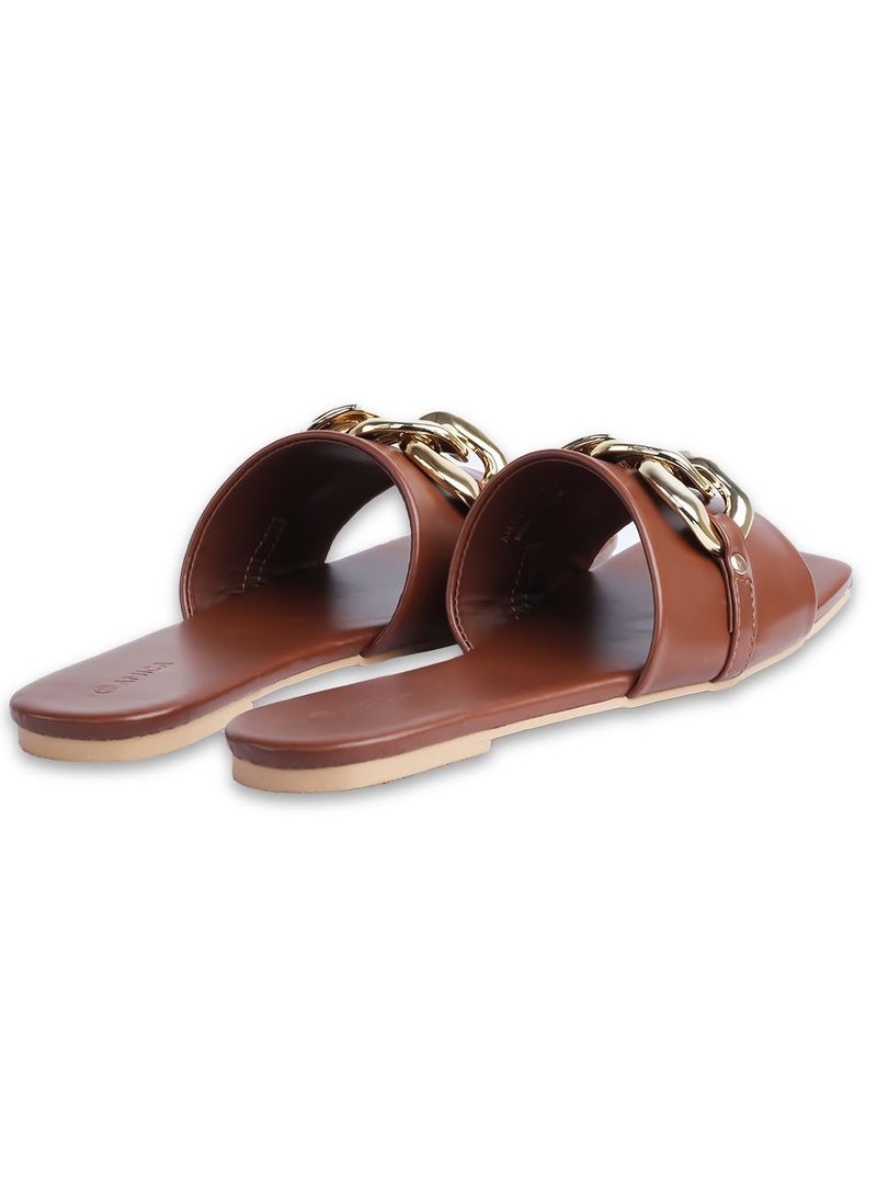 AMICA Nora Women's Square Open Flat Slide Leather Sandals with Embellished Trim - Image 4