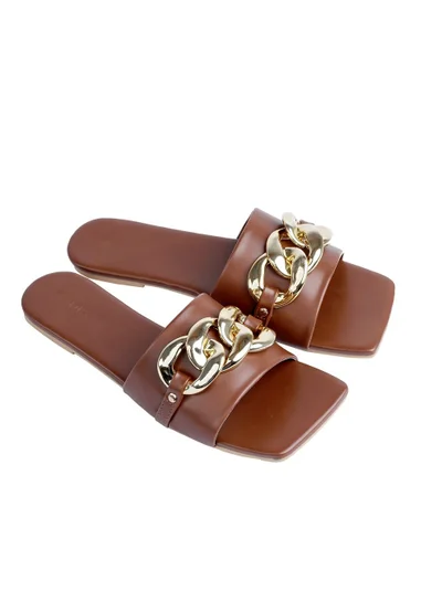 AMICA Nora Women's Square Open Flat Slide Leather Sandals with Embellished Trim