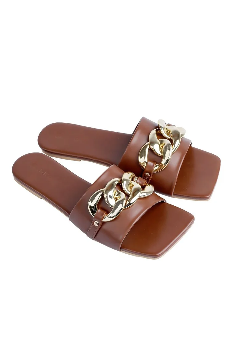 AMICA Nora Women's Square Open Flat Slide Leather Sandals with Embellished Trim