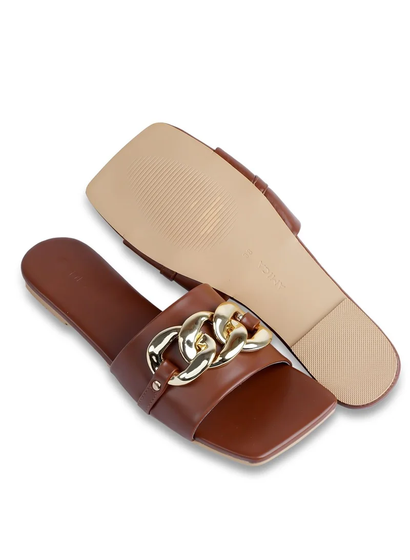 AMICA Nora Women's Square Open Flat Slide Leather Sandals with Embellished Trim