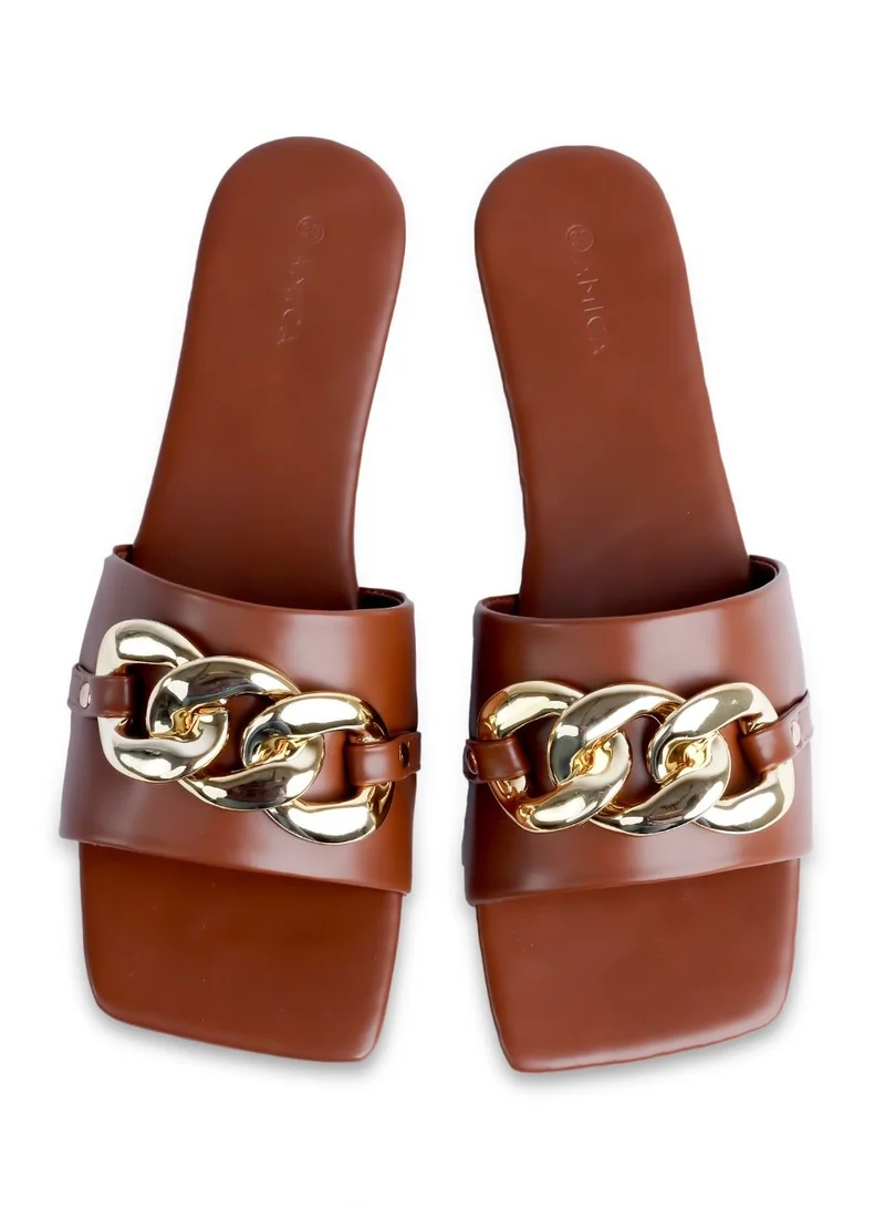 AMICA Nora Women's Square Open Flat Slide Leather Sandals with Embellished Trim