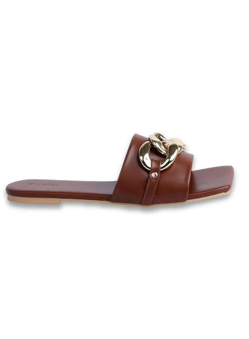 AMICA Nora Women's Square Open Flat Slide Leather Sandals with Embellished Trim