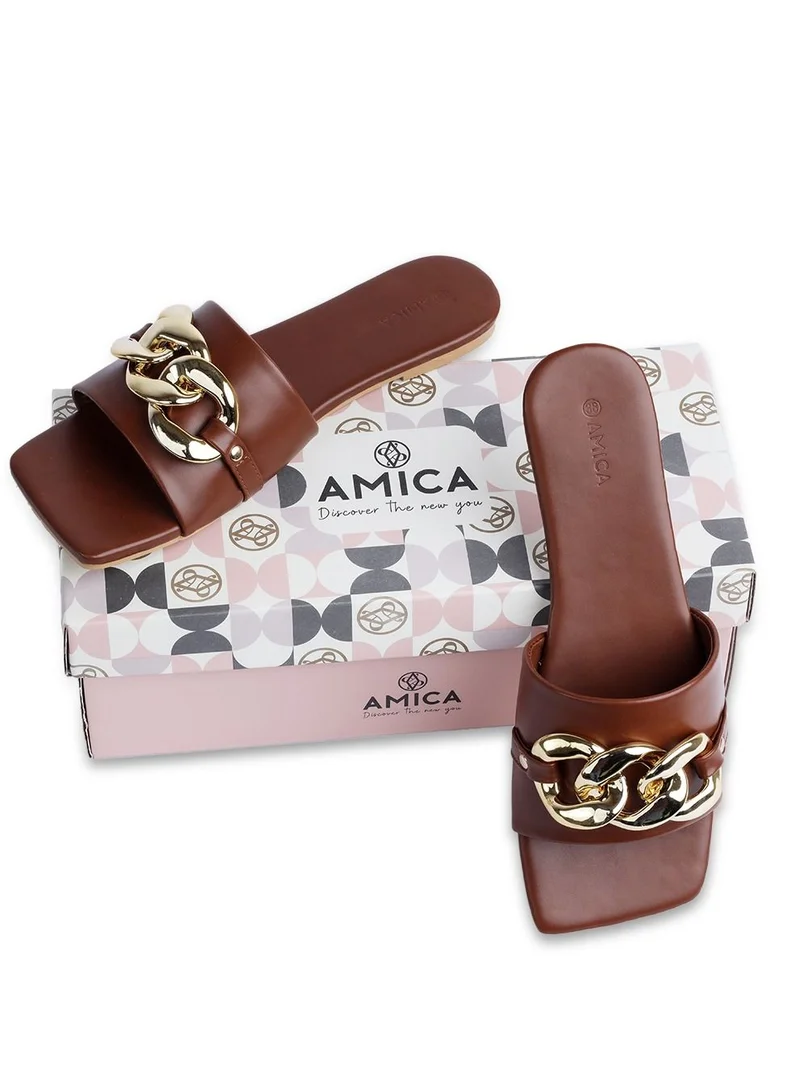 AMICA Nora Women's Square Open Flat Slide Leather Sandals with Embellished Trim