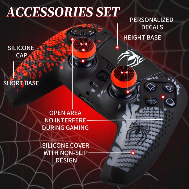 PlayRealm Silicone Skin Cover & Sticker x 1 & No Falling Off Thumbstick x 2 for PS5 Controller Spider Edtion - Image 2