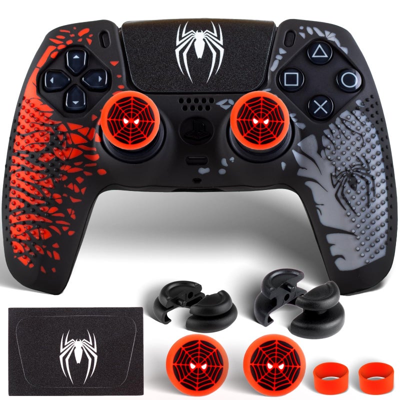 PlayRealm Silicone Skin Cover & Sticker x 1 & No Falling Off Thumbstick x 2 for PS5 Controller Spider Edtion - Image 1
