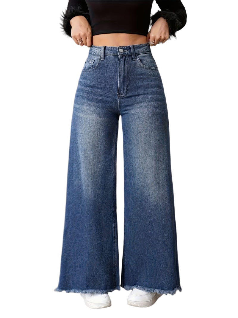 Women's Frayed Hem Stretch Straight-Leg Jeans - Image 1