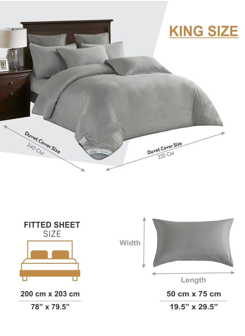 Donetella Duvet Set 6-Pcs King Size Striped Microfiber Bed Set With 1 Duvet Cover(220 x 240 CM) 1 Fitted Sheet 2 Pillow Sham And 2 Pillowcases(Without Filler),Grey  - Image 2