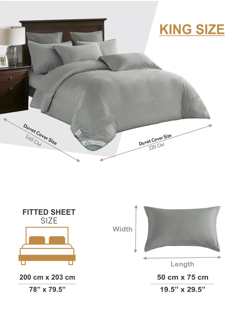 دوناتيلا Duvet Set 6-Pcs King Size Striped Microfiber Bed Set With 1 Duvet Cover(220 x 240 CM) 1 Fitted Sheet 2 Pillow Sham And 2 Pillowcases(Without Filler),Grey