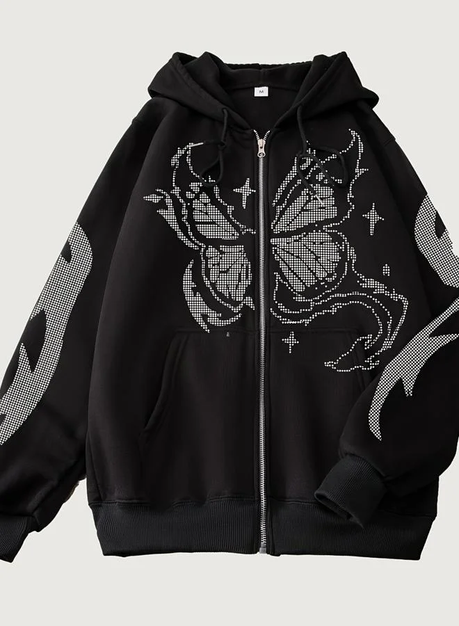 Take Two Black Butterfly Zip-Up Hooded Jacket