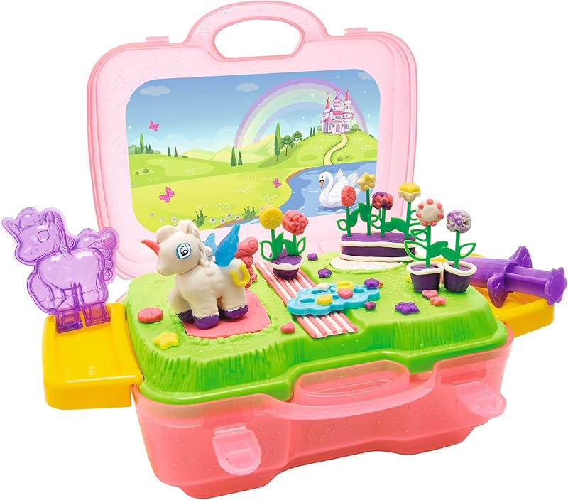 Simba and Fun Modelling Set Unicorn in Case/Platform for Playing / 4 x 30 g Clay / 15 Pieces/Unicorn Mould/For Children from 3 Years
