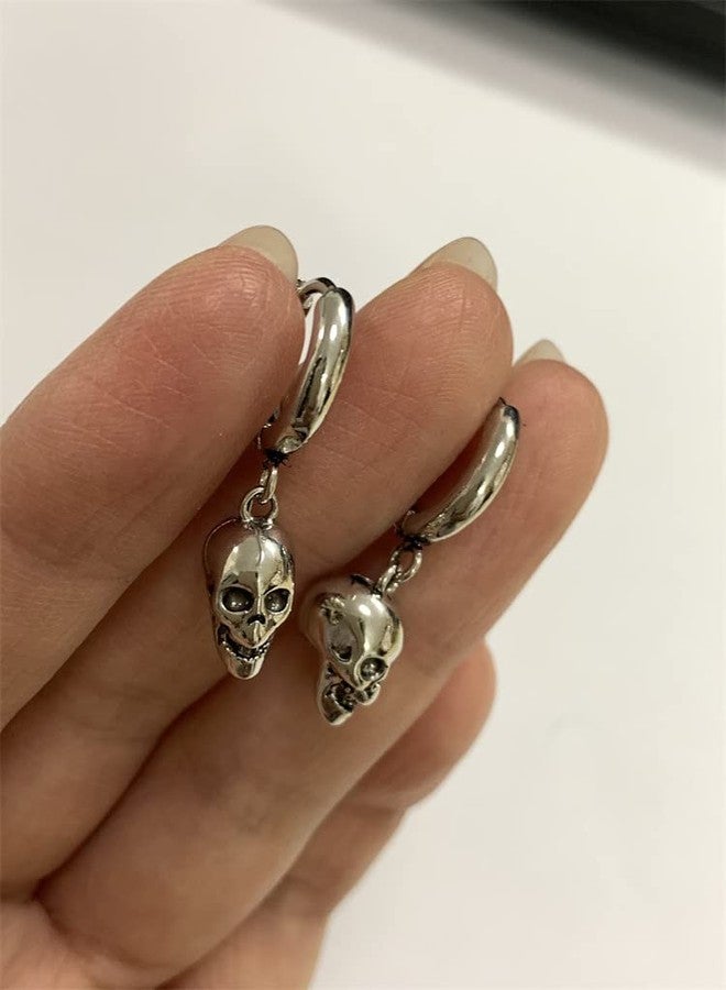 Dtja Punk Gothic Skull Dangle Hoop Earrings for Women Girls Silver-Toned with Charms Vintage Unique Skeleton Head Drop Dangling Cartliage Huggie Hoops Unisex Halloween Valentine Jewelry Gifts for Friends - Image 4
