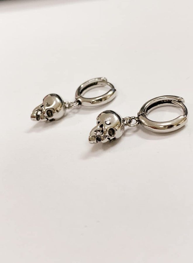 Dtja Punk Gothic Skull Dangle Hoop Earrings for Women Girls Silver-Toned with Charms Vintage Unique Skeleton Head Drop Dangling Cartliage Huggie Hoops Unisex Halloween Valentine Jewelry Gifts for Friends - Image 5
