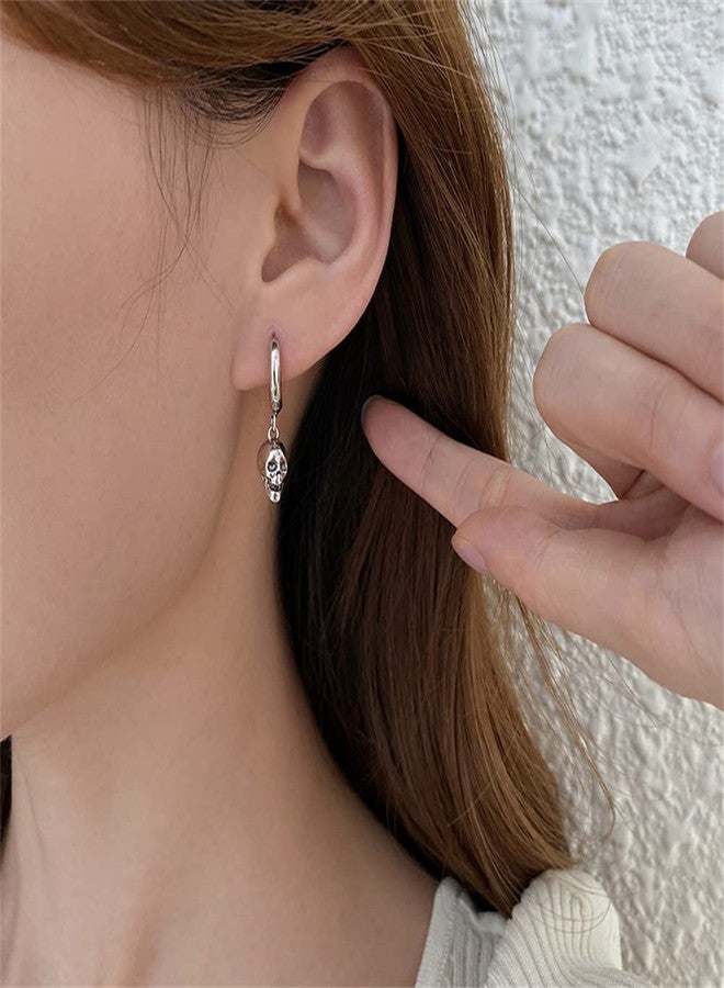 Dtja Punk Gothic Skull Dangle Hoop Earrings for Women Girls Silver-Toned with Charms Vintage Unique Skeleton Head Drop Dangling Cartliage Huggie Hoops Unisex Halloween Valentine Jewelry Gifts for Friends - Image 2