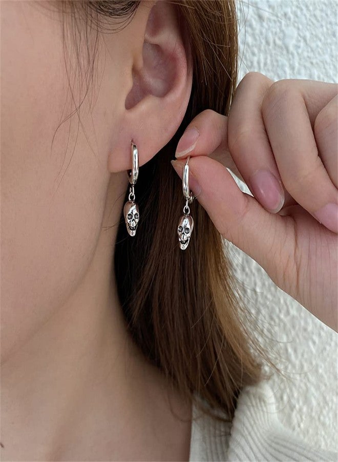 Dtja Punk Gothic Skull Dangle Hoop Earrings for Women Girls Silver-Toned with Charms Vintage Unique Skeleton Head Drop Dangling Cartliage Huggie Hoops Unisex Halloween Valentine Jewelry Gifts for Friends - Image 3