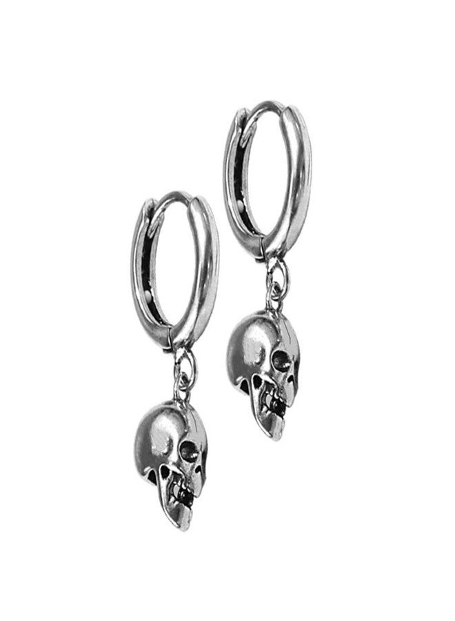 Dtja Punk Gothic Skull Dangle Hoop Earrings for Women Girls Silver-Toned with Charms Vintage Unique Skeleton Head Drop Dangling Cartliage Huggie Hoops Unisex Halloween Valentine Jewelry Gifts for Friends - Image 1