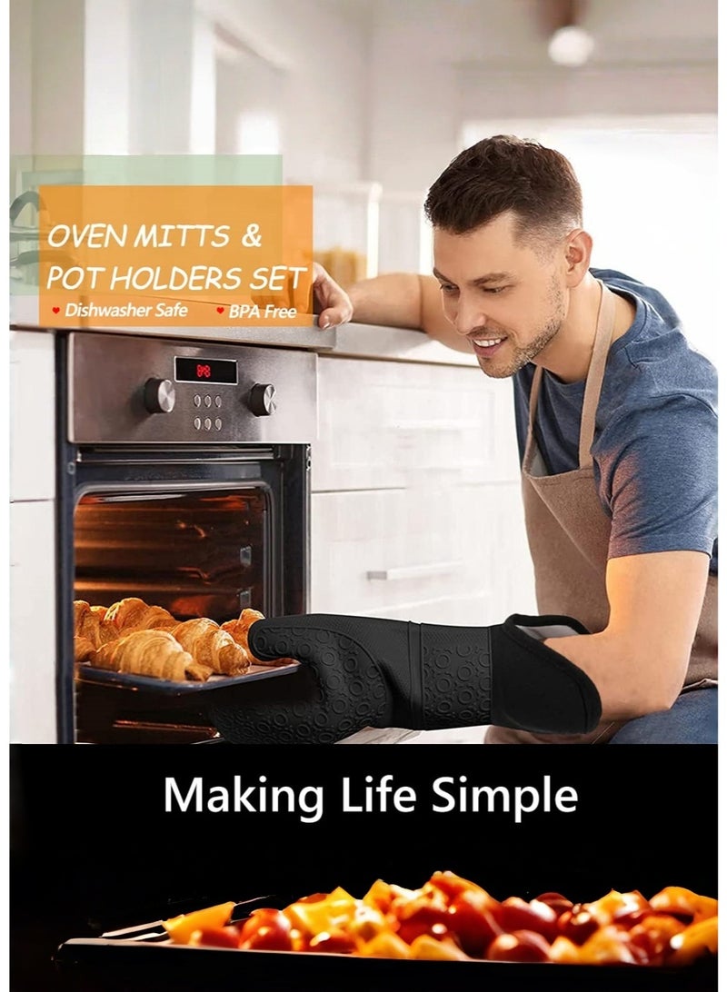 متجر الفرح 6 قطع من قفازات الفرن المصنوعة من السيليكون، قفازات مقاومة للحرارة مع بطانة ناعمة مبطنة، قفازات فرن لحمل الأواني للطهي والشواء، لون أسود، مجموعة قفازات - Image 2
