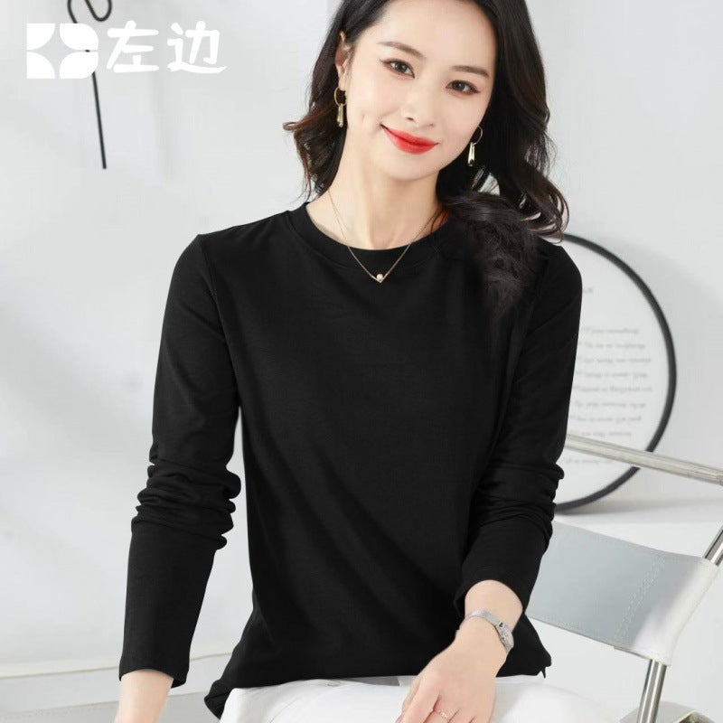 قميص أساسي طويل الأكمام من الفليس للنساء الكوريات بتصميم دائري 2025 خريف مبكر جديد بلون موحد موضة إنستغرام - Image 2