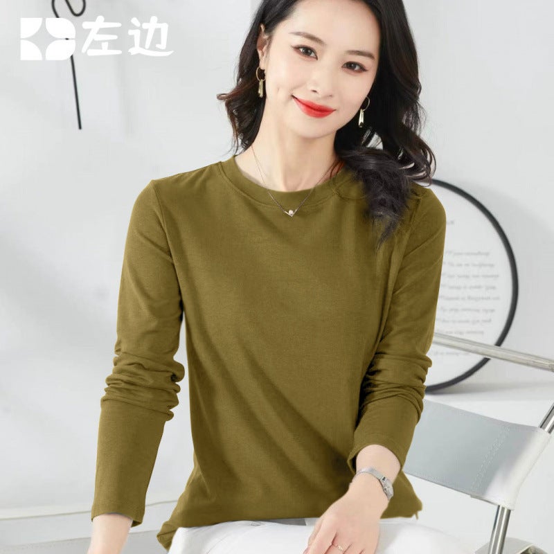 قميص أساسي طويل الأكمام من الفليس للنساء الكوريات بتصميم دائري 2025 خريف مبكر جديد بلون موحد موضة إنستغرام - Image 5