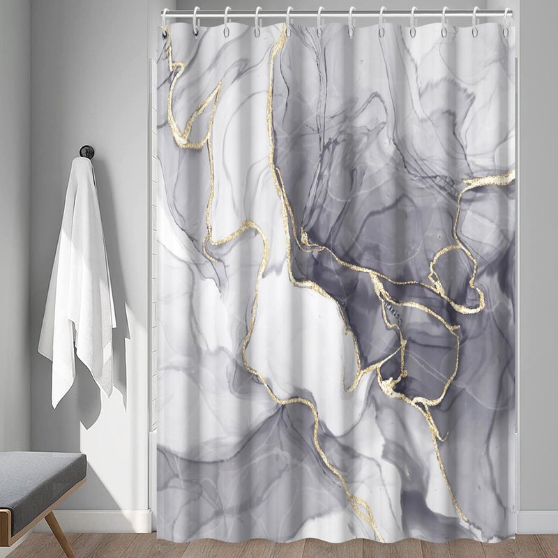 Ruelvth Grey Shower Curtain, Ombre Light Grey Marble Shower Curtain Set Modern Aesthetic Gray Ink Texture Waterproof Bathroom Curtain with Hooks, 72x72 Inch - Image 3