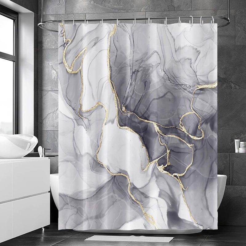 Ruelvth Grey Shower Curtain, Ombre Light Grey Marble Shower Curtain Set Modern Aesthetic Gray Ink Texture Waterproof Bathroom Curtain with Hooks, 72x72 Inch - Image 2
