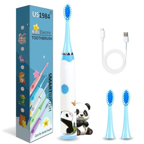 US1984 Sonic Electric Toothbrush for Kids with 4 Modes, 3 Brush Heads & Type-C Rechargeable, Ultra Soft Nylon Bristles, IPX7 Waterproof, Electric Power Tooth brush (White) - Image 1