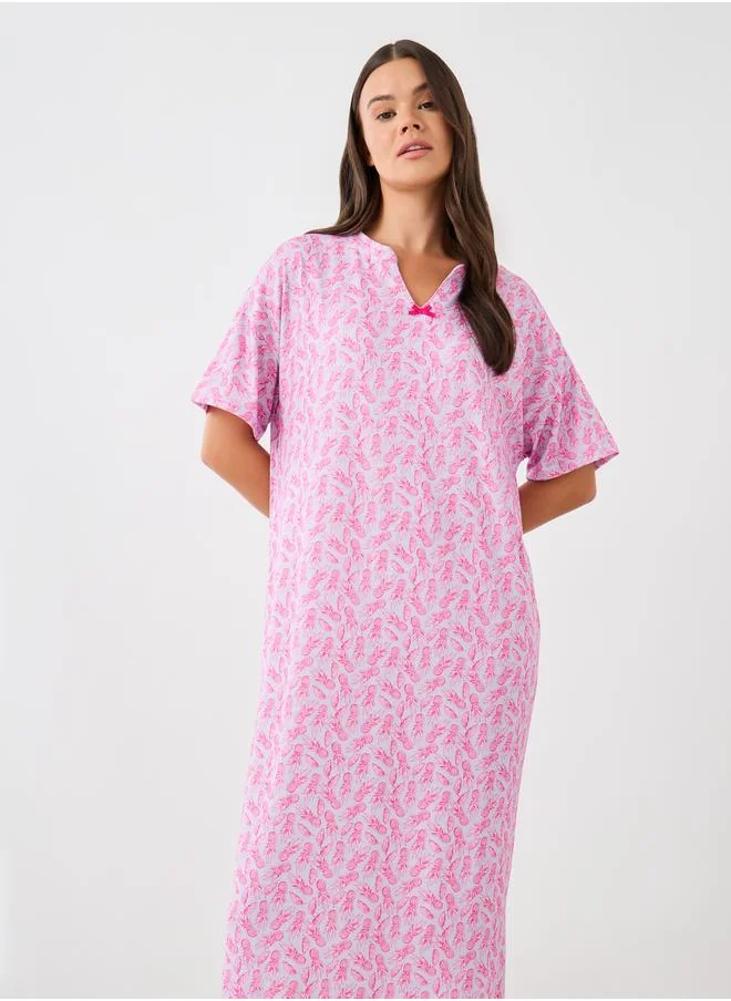ستايلي Styli All-Over Pineapple Print Sleep T-Shirt with Bow Detail