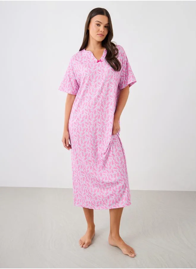 ستايلي Styli All-Over Pineapple Print Sleep T-Shirt with Bow Detail