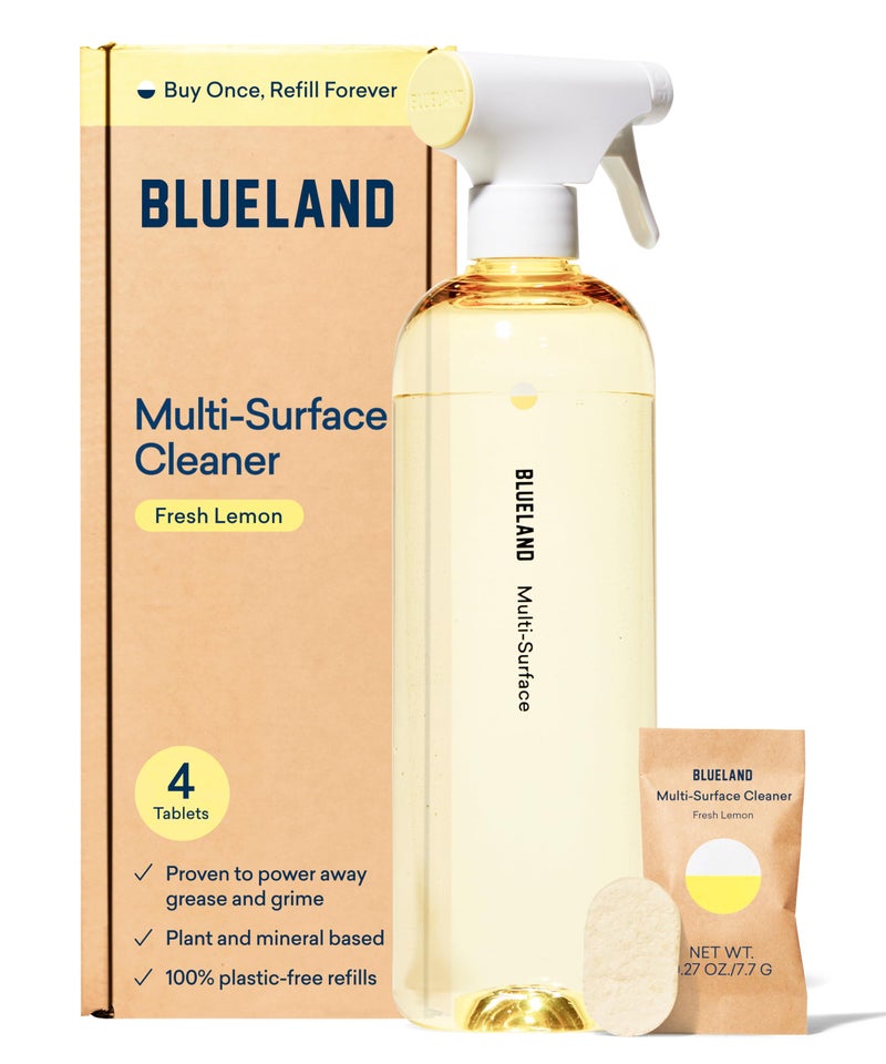 Blueland منظف متعدد الأسطح من بلولاند، مجموعة البداية، برائحة الليمون الطازج، زجاجة رش مع 4 أقراص إعادة تعبئة، لجميع الأغراض، مستلزمات تنظيف صديقة للبيئة، 4 × 24 أونصة سائلة - Image 1